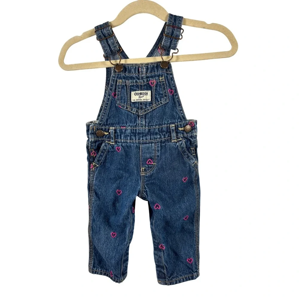 OshKosh B'gosh Denim‎ Overalls 6M Blue Pink Heart Embroidered Bibs Baby Girls
